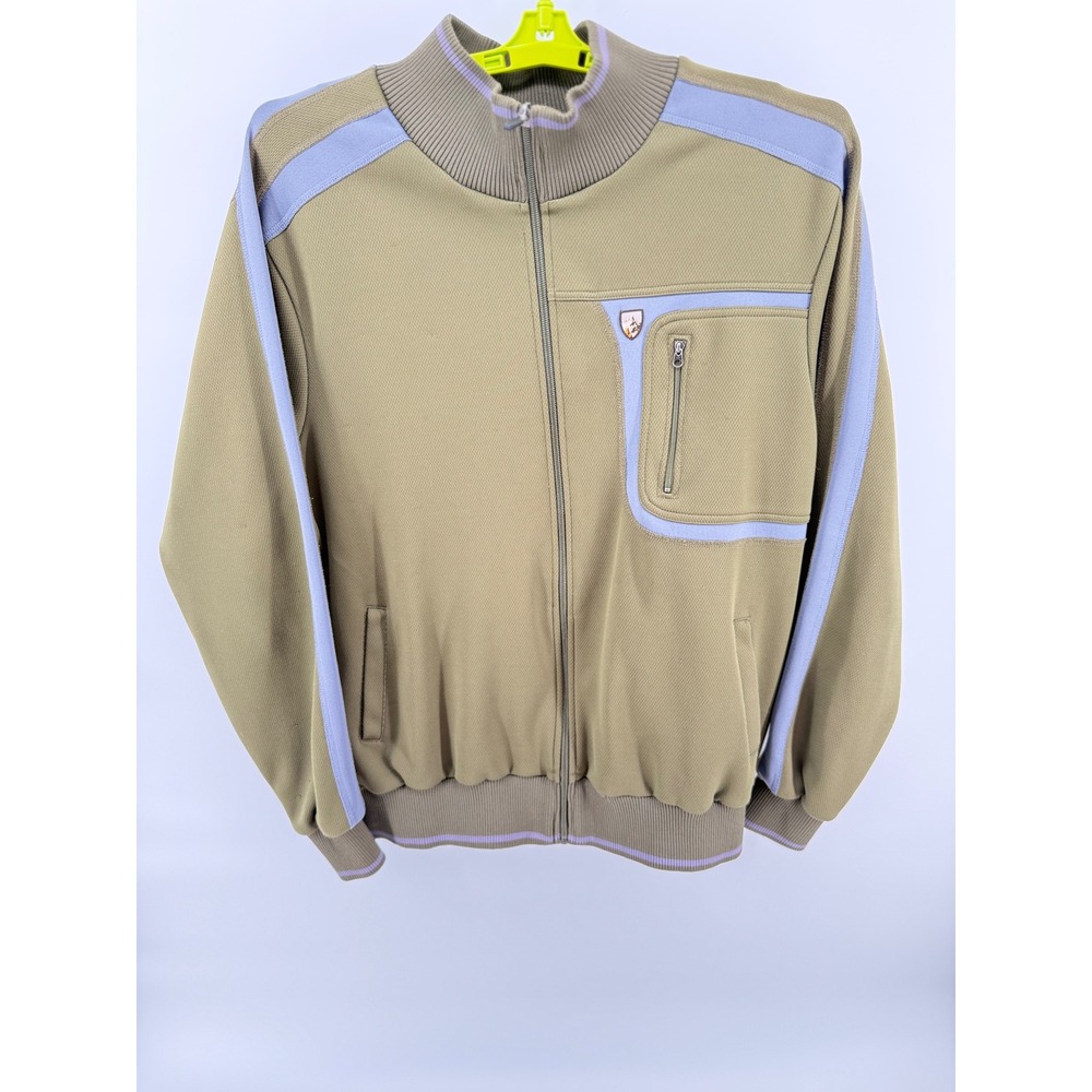 Kuhl Mens Full Zip Track Jacket Green Blue Stripe Mountain Logo Large